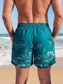 VIVINTIMO 男士海洋元素印花抽绳腰沙滩短裤，夏威夷风情 - 青碧色 - 查看 5