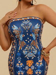 Travachic Women's Blue Strapless Knit Abstract Floral Print Symmetrical Pattern Boho Maxi Dress,Plus Size Summer Vacation Holiday Beachwear Outfits - Blue - View 15