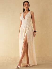 Silquee This Solid-Color, Backless A-Line Maxi Dress Features A Deep V-Neck Design For Easy On And Off, Making It The Perfect Choice For Romantic Dates, Beach Vacations, Weddings, Formal Parties, And Any Occasion Requiring A Sophisticated And Sexy Look. Its Understated Elegance Also Makes It Ideal For A Relaxed Beach Getaway. Whether It's A Beach Vacation, A Romantic Date, A Pool Party, A Beach Party, Commuting, Or Any Occasion Demanding A Sophisticated And Sexy Style, This Dress Is Incredibly Versatile And Easy To Wear.,Summer Dresses For Women - Beige - View 5