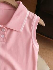 GlowEve Contrast Color Polo Collar Knit Embroidered Sleeveless Vest - Pink - View 4