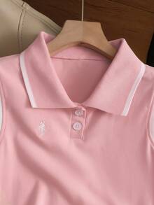 GlowEve Contrast Color Polo Collar Knit Embroidered Sleeveless Vest - Pink - View 6
