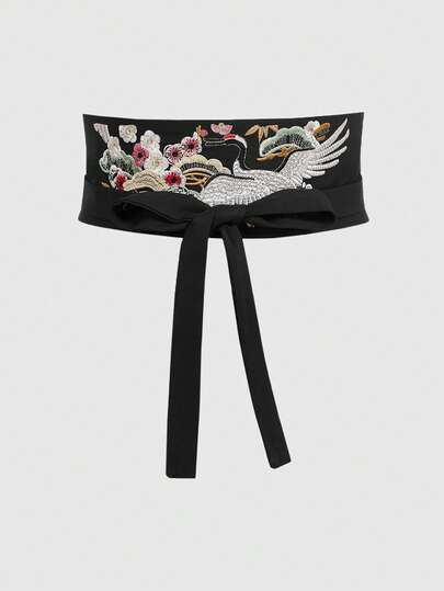 ROMWE 1Pc Black Retro Embroidered Crane Flower Pattern Tether Wide Belt Waist Corset, Simple And Versatile Women's Matching Single Item