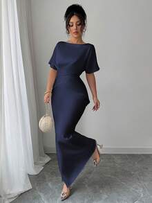 Elenzga Women Summer Navy Blue Autumn Elegant Dining Mal Dress,Satin Glossy Fabric Boat Neck Raglan Sleeve Criss-Cross Tie Waist Fish Tail Hem Back Bow Gown - Navy Blue - View 4