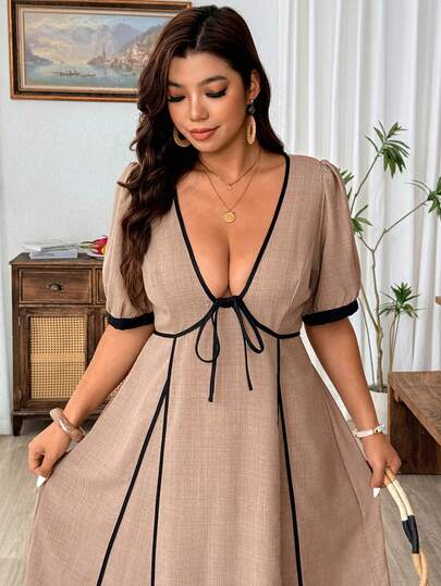 Weeklong 大码女式V领短袖蝴蝶结前腰收腰撞色休闲长裙，适合度假穿着