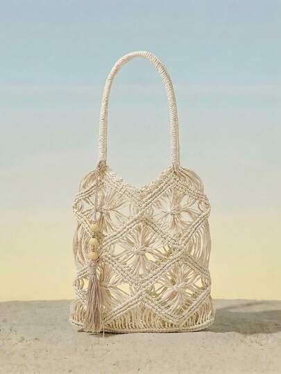 Viva Strut 女士单肩包，草编包，草编手提包，流苏吊坠，镂空，手工编织，时尚，简约，个性化，百搭，适合海滩、度假、假日、夏季、海边、沙滩派对、音乐节等场合