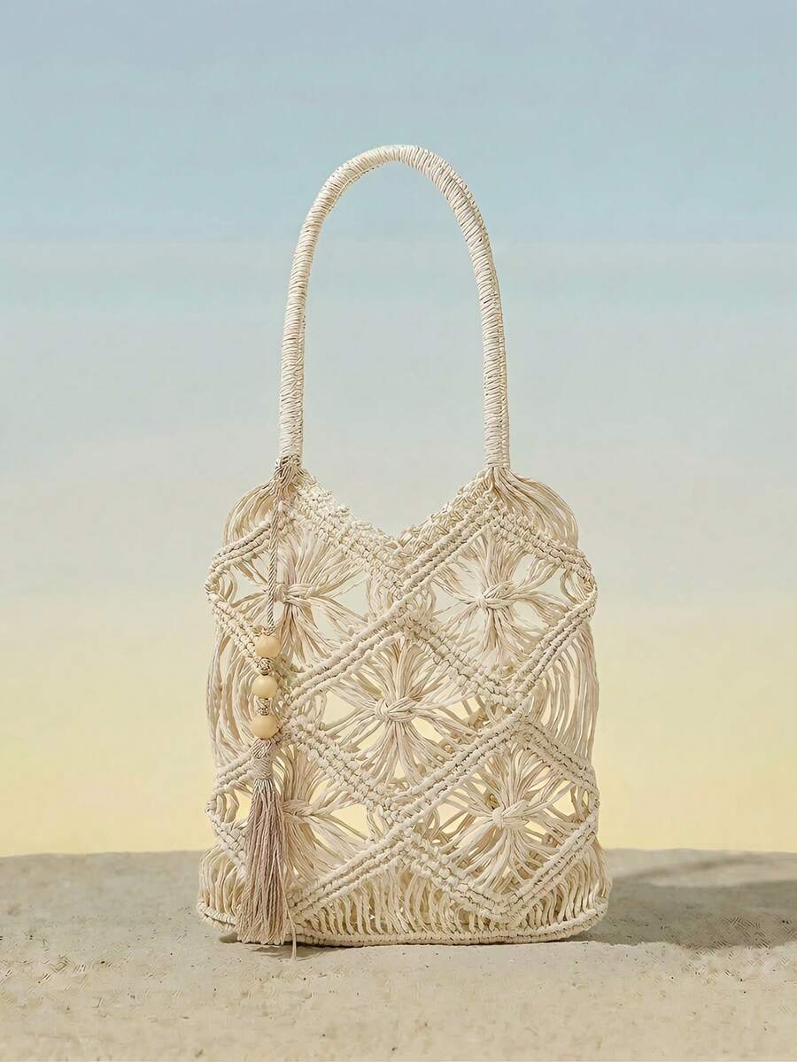 Viva Strut Túi đeo vai nữ, túi cói, túi đan bằng rơm, mặt dây chuyền tua rua, rỗng ruột, đan thủ công, thời trang, đơn giản, cá tính, đa năng, thích hợp cho bãi biển, kỳ nghỉ, mùa hè, ven biển, tiệc bãi biển, lễ hội âm nhạc. - Màu be - Xem 1