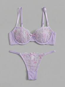 Conjunto de lencería de malla transparente con bordado floral en rosa, con sujetador con aros y tanga a juego, sexy y elegante - Púrpura malva - Ver 7