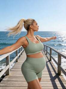 SHEIN Maternity Simple Solid Color Cross-Back Sports Bra And High-Waisted Shorts Set,Word Cup - Green - View 4