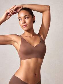 Veilyse 1pc Seamless Minimalist Wavy Edge Solid Color No Underwire Push Up Full Coverage Women Bra - Coffee Brown - View 7