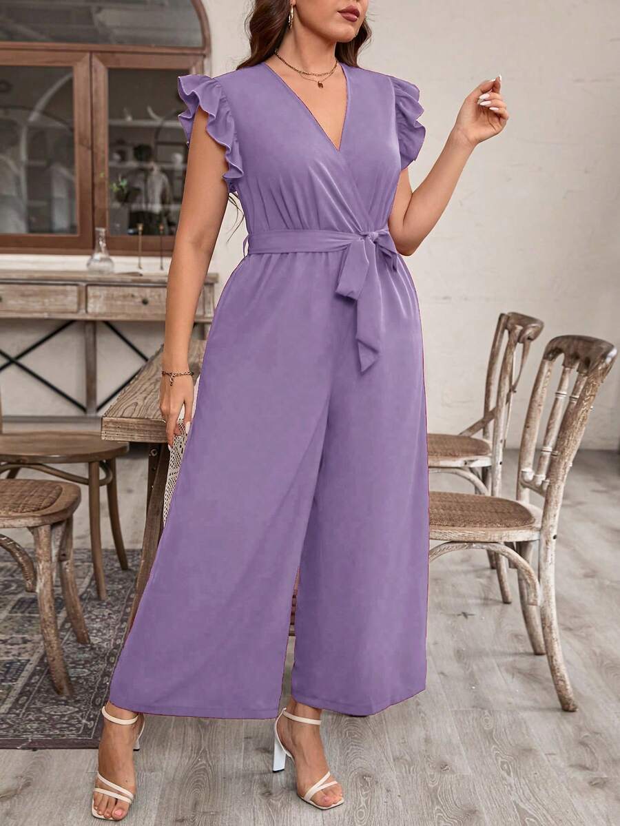 EMERY ROSE 大码女式纯色短袖连体裤 - 紫色 - 查看 1