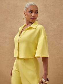 Vixey Yellow Pointed Collar Boxy Cropped Button Up Shirt - Yellow - View 5