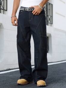 Manfinity EMRG Spring & Summer Casual Street Washed Blue Straight Loose Wide Leg Cargo Jeans With Big Pockets - Blue - View 5