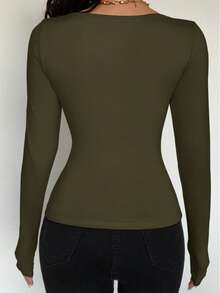 Chiquease Sexy Solid Color Knit Elastic Crew Neck Tie-Up Long Sleeve Fitted Button Decor Versatile Women T-Shirt Women Long Sleeve Tops Trending Tops For Women Casual Tops For Women Elegant - Army Green - View 2
