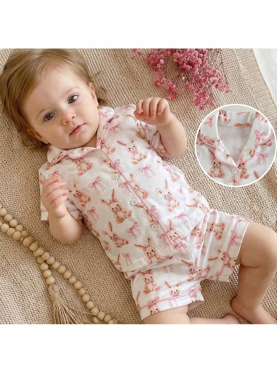 Loomiva Toddler Girls' Cartoon Rabbit Pattern Silk Pajamas,White And Pink Summer Cute Night Soft Short Sleeve Cardigan And Elastic Waist Shorts 2 Pieces Set - Baby Pink - View 1
