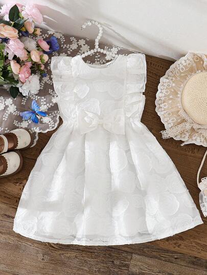 Young Girl Butterfly Decor Round Neck Ruffle Hem Party Dress