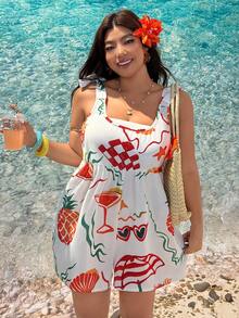 SHEIN EZwear Plus Size Ditsy Floral Tie Bow Jumpsuit, Vacation Style For Spring/Summer Resort Wear Women Vacation Women's Vacation Outfits Ladies Summer Holiday Clothes Summer Outfit For Women Beach Rompers For Women Vacation - Multicolor - View 1