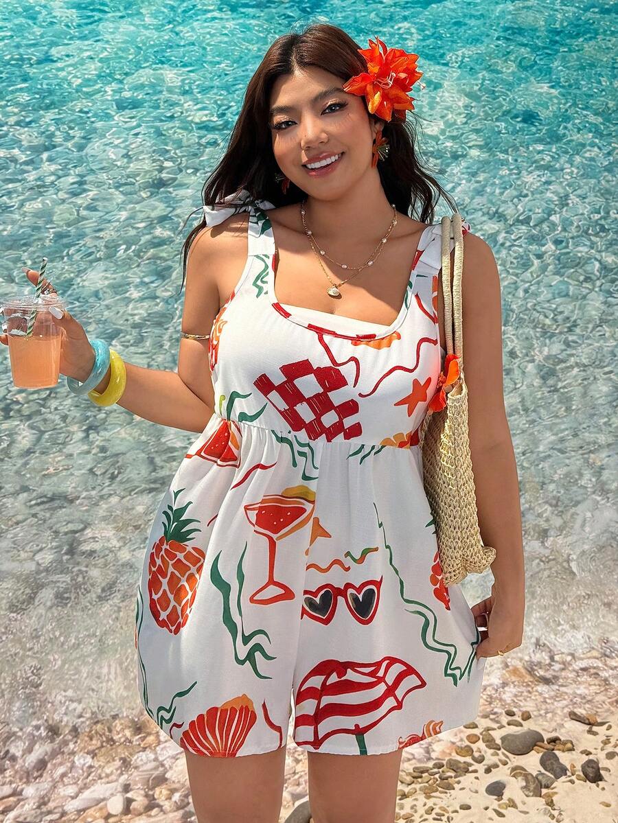 SHEIN EZwear Plus Size Ditsy Floral Tie Bow Jumpsuit, Vacation Style For Spring/Summer Resort Wear Women Vacation Women's Vacation Outfits Ladies Summer Holiday Clothes Summer Outfit For Women Beach Rompers For Women Vacation - Multicolor - View 1