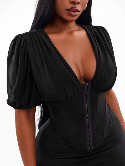 Radiana Plus Size Women's Chiffon Shoulder Ruched Waist Fishbone Black Top, Spring&Summer New Arrival Vegas Night Corset Top,Suitable For Urban,Sexy Office Siren Coquettish,Versatile,Cruise Attire,Commuting,Business,Retro,Vintage,Party,Resort,Outing,Old Money,Richly Layered,Date Night,Gathering,Minimalism,Birthday,Formal Event,Gyaru,Ibiza,Nashville,Break,Modest,Chic,Casul,Shopping, Streetwear,Going Out, ,Accent Your Body,Flatter The Figure Urban,Sexy Office Siren Coquettish,Versatile,Cruise Attire