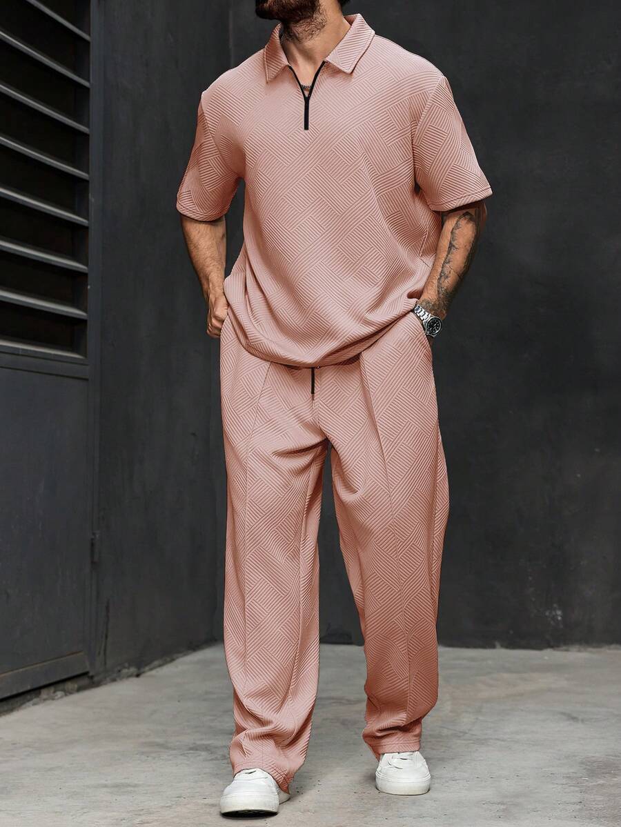 Manfinity Homme Plus Size Men's Solid Color Short Sleeve Polo Shirt And Pants Set - Pink - View 1