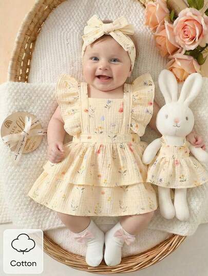 SHEIN 2件套新生女宝宝甜美清新蛋糕裙，米色棉质雪纺面料，花卉蝴蝶印花，荷叶边袖，适合户外拍照、日常休闲穿着，0-9个月