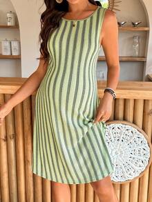 SHEIN 孕妇条纹圆领休闲无袖连衣裙 - 綠色 - 查看 1