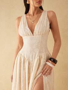 Silquee This Solid-Color, Backless A-Line Maxi Dress Features A Deep V-Neck Design For Easy On And Off, Making It The Perfect Choice For Romantic Dates, Beach Vacations, Weddings, Formal Parties, And Any Occasion Requiring A Sophisticated And Sexy Look. Its Understated Elegance Also Makes It Ideal For A Relaxed Beach Getaway. Whether It's A Beach Vacation, A Romantic Date, A Pool Party, A Beach Party, Commuting, Or Any Occasion Demanding A Sophisticated And Sexy Style, This Dress Is Incredibly Versatile And Easy To Wear.,Summer Dresses For Women - Beige - View 4