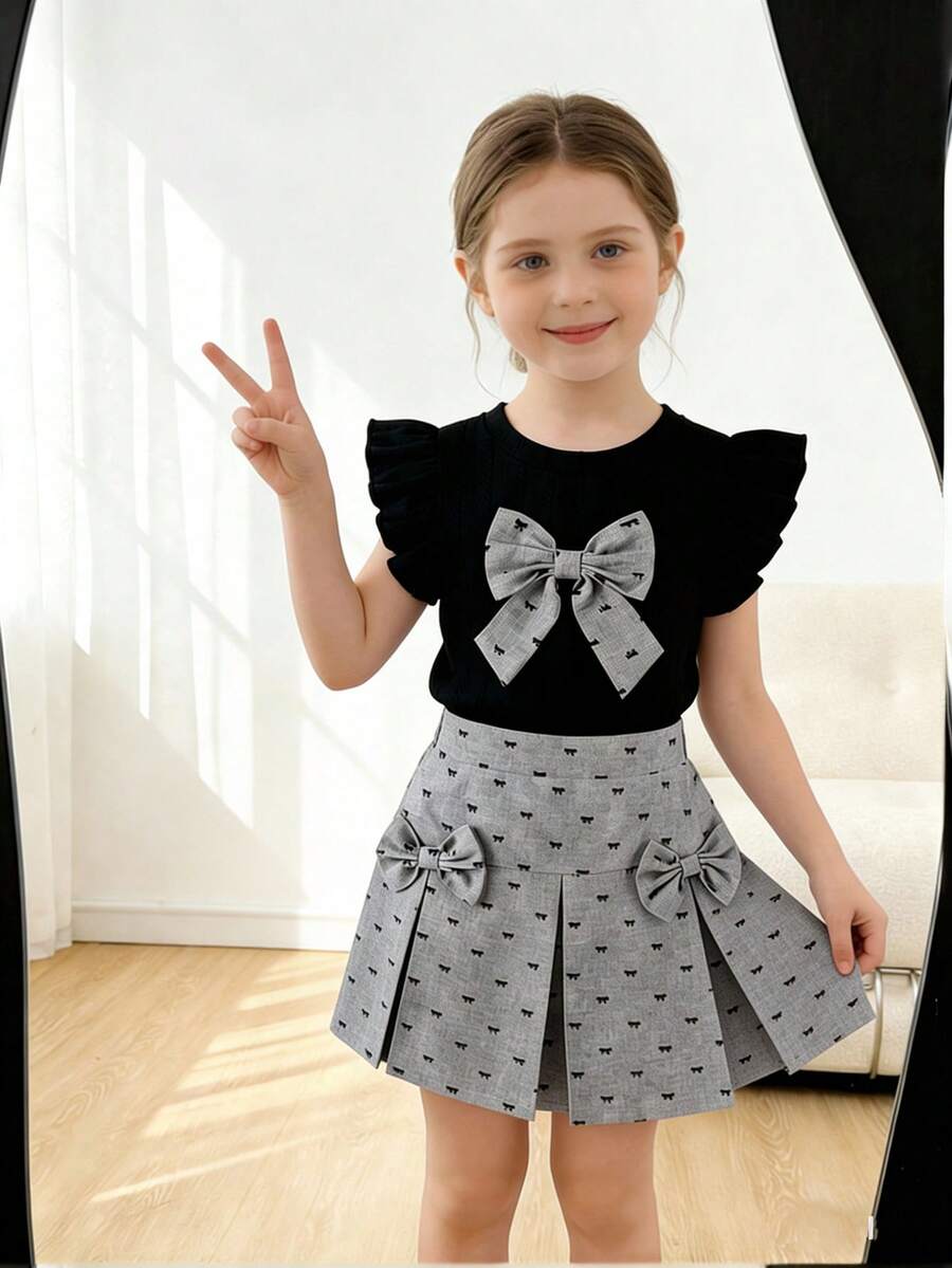 Elladie kids 2 قطعة/مجموعة تي شيرت بياقة مستديرة وأكمام واسعة من قماش الجاكار الأسود المحبوك & تنورة رمادية مزينة بفيونكة، صيفية، ملابس عائلية متطابقة، ملابس حفلة العودة إلى المدرسة