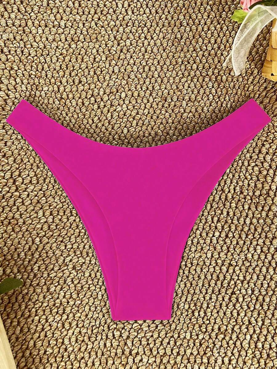 SHEIN Swim 纯色泳裤,适合海滩度假 - 玫紅色 - 查看 1