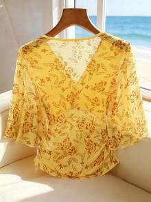 Franclia 女士优雅V领收腰印花T恤，春夏款 - 彩色 - 查看 2