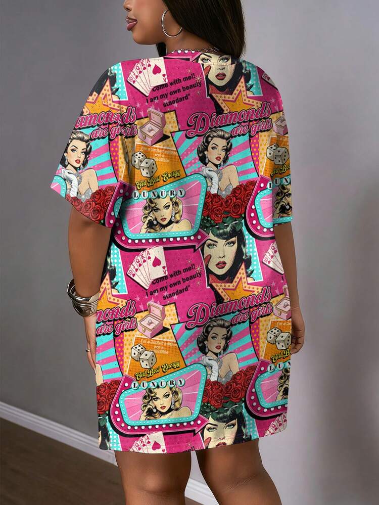 Slaydiva 休闲简约圆领复古报纸印花时尚街头风大码女装连衣裙、运动服、比赛服 - 彩色 - 查看 2