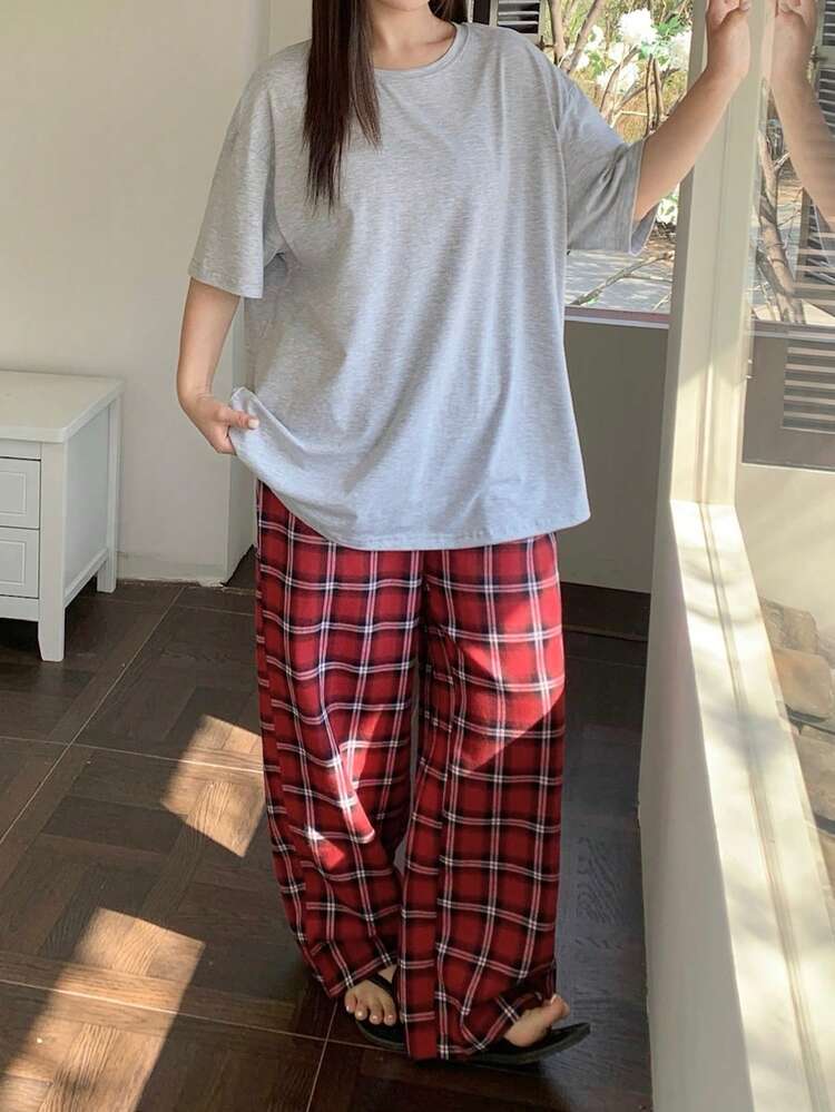 Dazy Plus Round Neck Loose Fit Pajama Set - Plaid Pants