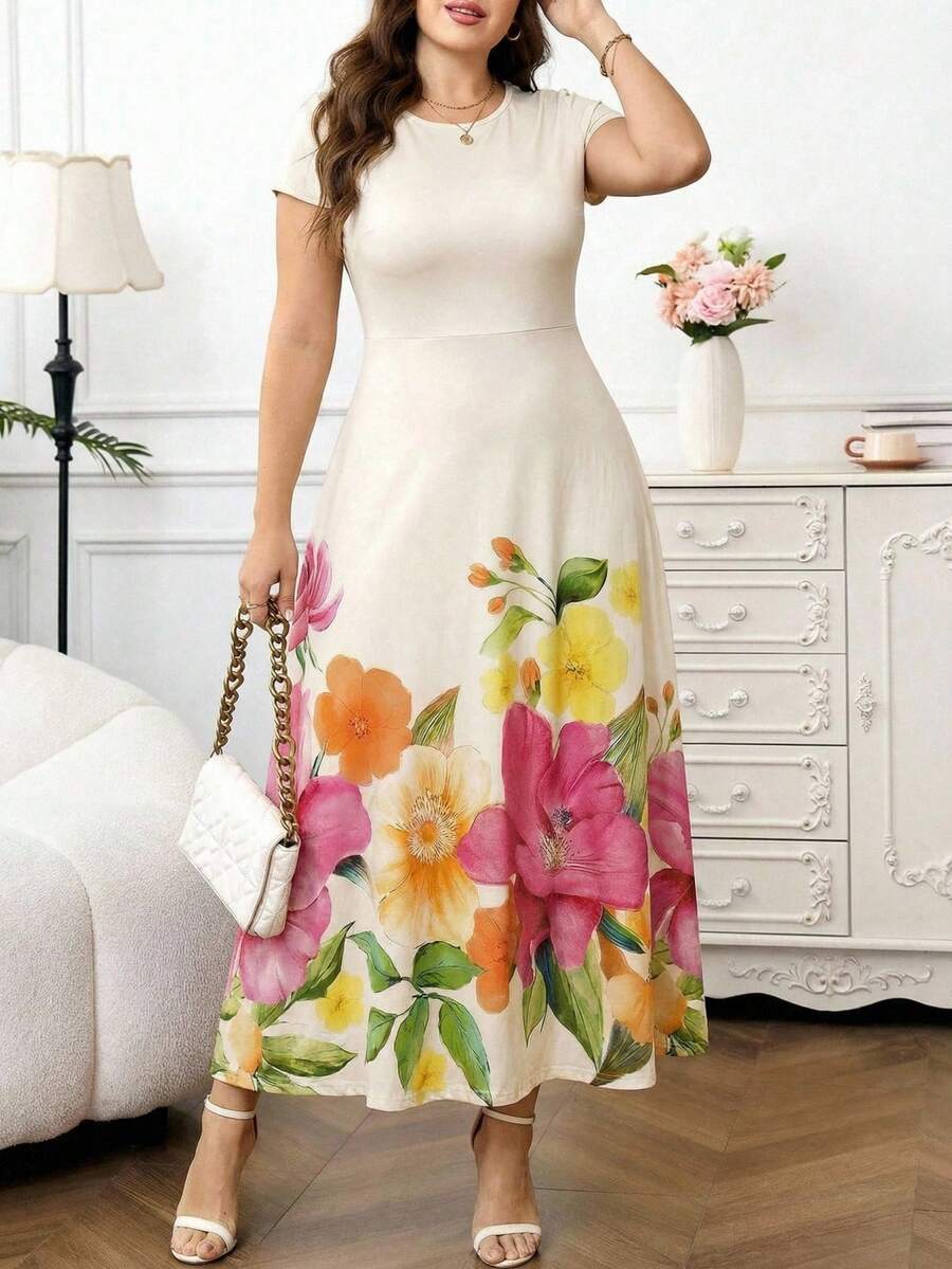 SHEIN Clasi 大码女装连衣裙，优雅春夏连衣裙，短袖连衣裙，长款连衣裙，A字连衣裙，印花连衣裙，适合日常穿着的精美连衣裙