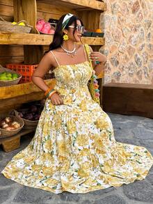 Weeklong Vestido de línea A con tirantes de espagueti, estampado floral y lazo en la cintura, elegante y casual para mujer de talla grande, primavera/verano - Multicolor - Ver 1