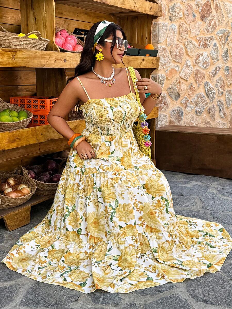 Weeklong Vestido de línea A con tirantes de espagueti, estampado floral y lazo en la cintura, elegante y casual para mujer de talla grande, primavera/verano - Multicolor - Ver 1
