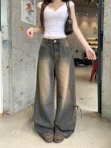 FRIFUL 女士系带口袋阔腿宽松休闲百搭牛仔裤 - 藍色 - 查看 4