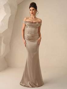 Coutiva Women's Formal Evening Gown With Sequin Decor - Champagne - View 5