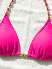 Swim Basics 女士性感露背系带金色珠饰比基尼上衣，夏季新品 - 玫紅色 - 查看 5