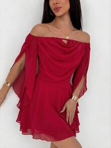 Aloruh 梅紫色浪漫约会/音乐节系带长袖收腰雪纺荷叶边迷你连衣裙（女款） - 紅色 - 查看 5