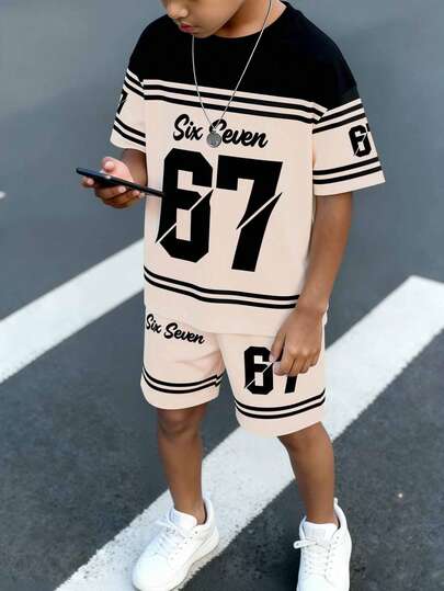 SHEIN Coolqubz Set de 2 piezas de camiseta y pantalones cortos casuales y elegantes para niños con estampado numérico 67, rayas en negro y beige, y eslogan gráfico, cómodo para uso diario, adecuado para primavera, verano y otoño