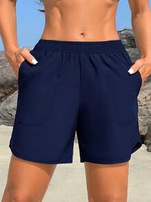 Swim Vcay Women's Solid Color Pocket Casual Beach Shorts - Navy Blue - View 4