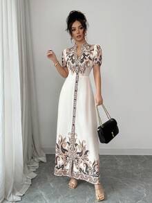SHEIN Elenzya 杏色深V领收腰数码印花拼接优雅A字连衣裙，适合女士正式晚宴、约会、婚礼等场合（含定位花饰） - 杏色 - 查看 4
