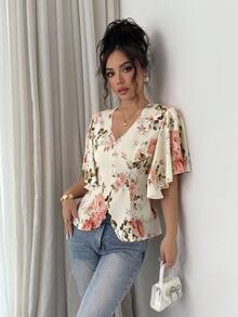 SHEIN Elenzya Áo kiểu thanh lịch màu mơ in hoa, cổ chữ V, eo nhún, tay bồng, thích hợp mặc đi làm, đi nghỉ mát hoặc dự tiệc trà chiều, mùa xuân/hè. - Màu be - Xem 6