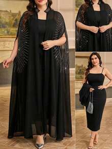 SHEIN Clasi Vestito canotta tinta unita e cardigan aperto davanti casual, completo da 2 pezzi, taglie comode per donna - nero - Visualizzare 1