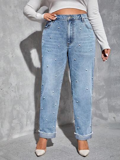 SHEIN Essnce Plus Size Distressed Rhinestone Decor Denim Jeans