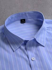 STYNVO Men's Striped Single-Breasted Letter Print Casual Versatile Daily Wear Shirt - Blue - View 6