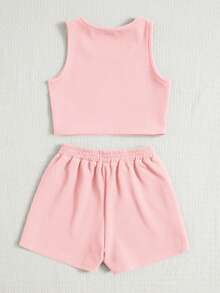 SHEIN Bộ áo tank top và quần short màu trơn cho bé gái tuổi teen, dễ thương và thoải mái. - Hồng - Xem 2