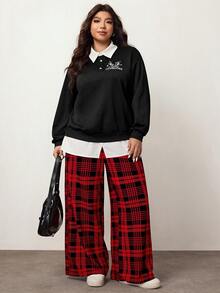 Enliva Plus Size Women's Colorblock Shirt Collar Sweatshirt And Red Plaid Pants Set, Christmas Pattern And Elastic Waist Details Set, Compatible With Apple Rounded Body Shape/2026 /New Year - Multicolor - View 4