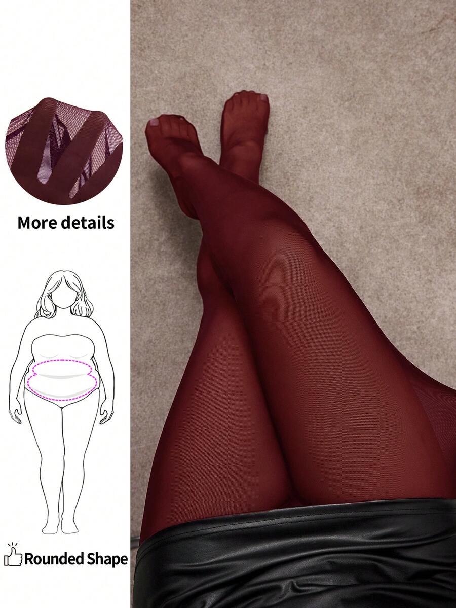 Enliva 大码女士纯色连裤袜性感透视高弹力打底裤 - 酒紅色 - 查看 1