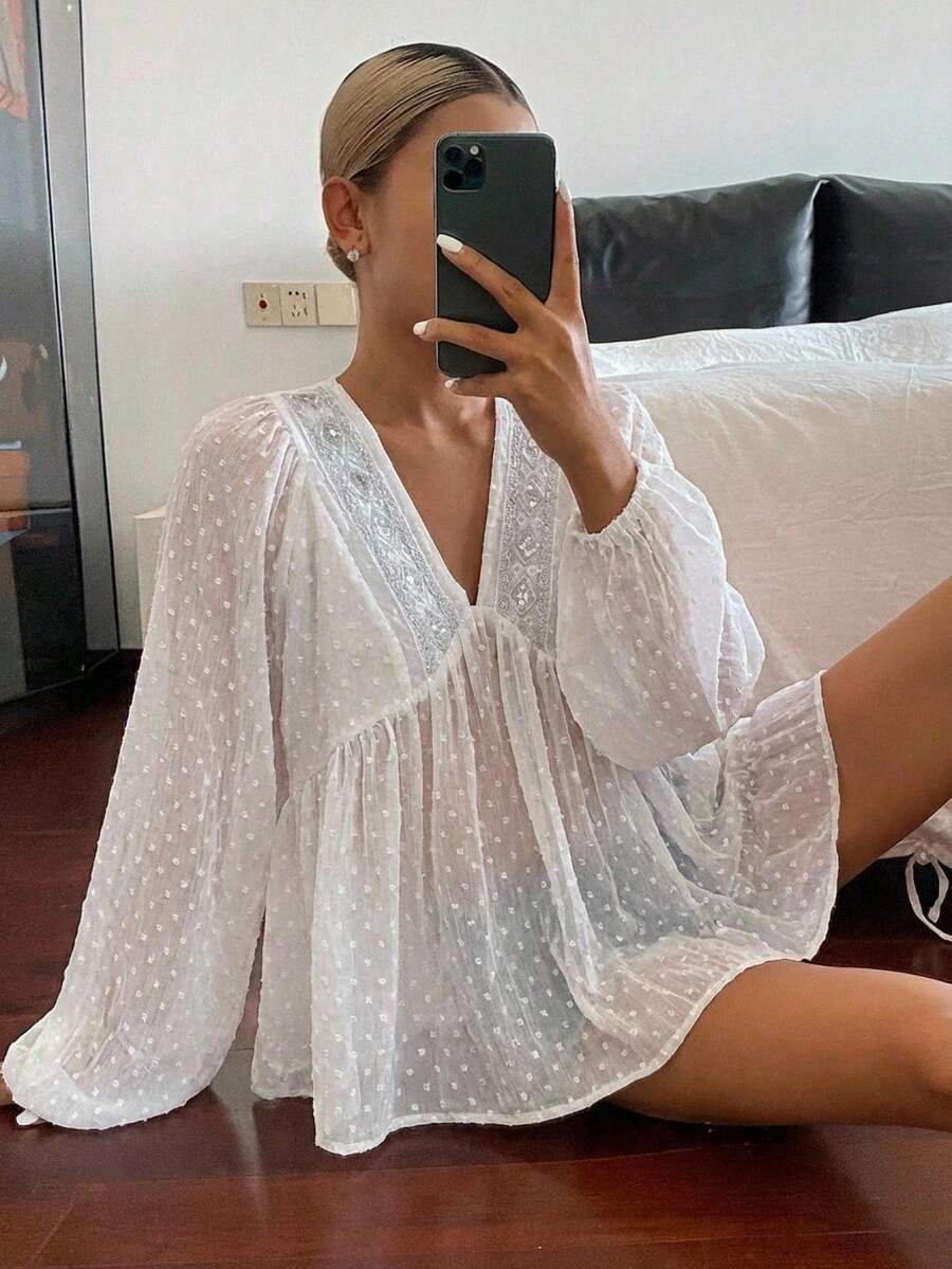 DAZY 女士V领纹理面料优雅半透明衬衫 - 白色 - 查看 1