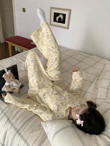 DAZY Teen Girl Cute Cartoon Rabbit All-Over Print Drop Shoulder Loose Long Sleeve Shirt And Pants Pajama Set, Suitable For Spring And Autumn - Yellow - View 9